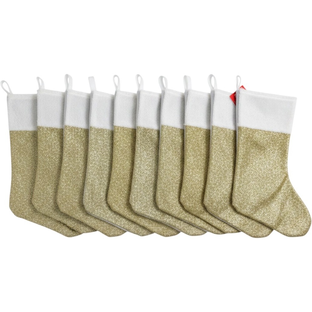 10 Holiday Style Gold Glitter Christmas Stocking White Faux Fur Cuff 15 Inch NEW